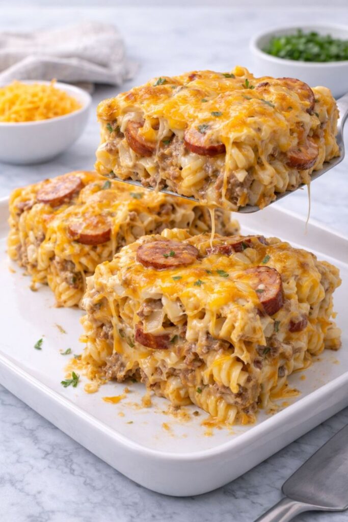 Cheesy Kielbasa Pasta Casserole