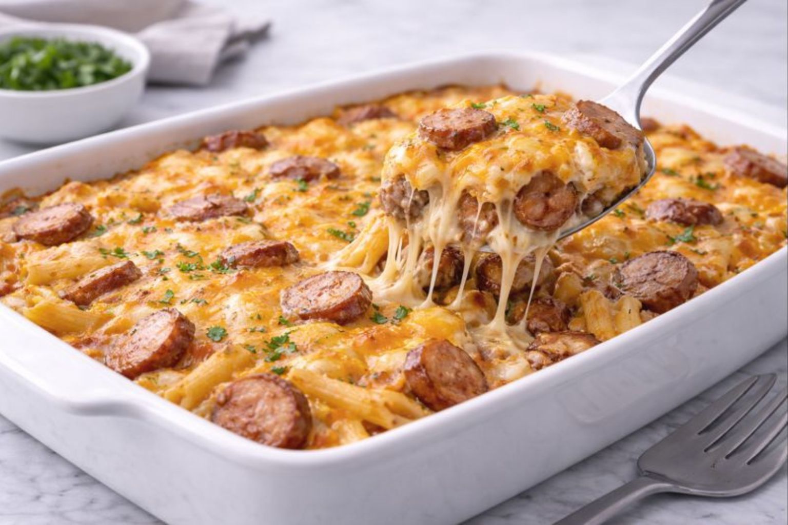 Cheesy Kielbasa Pasta Casserole