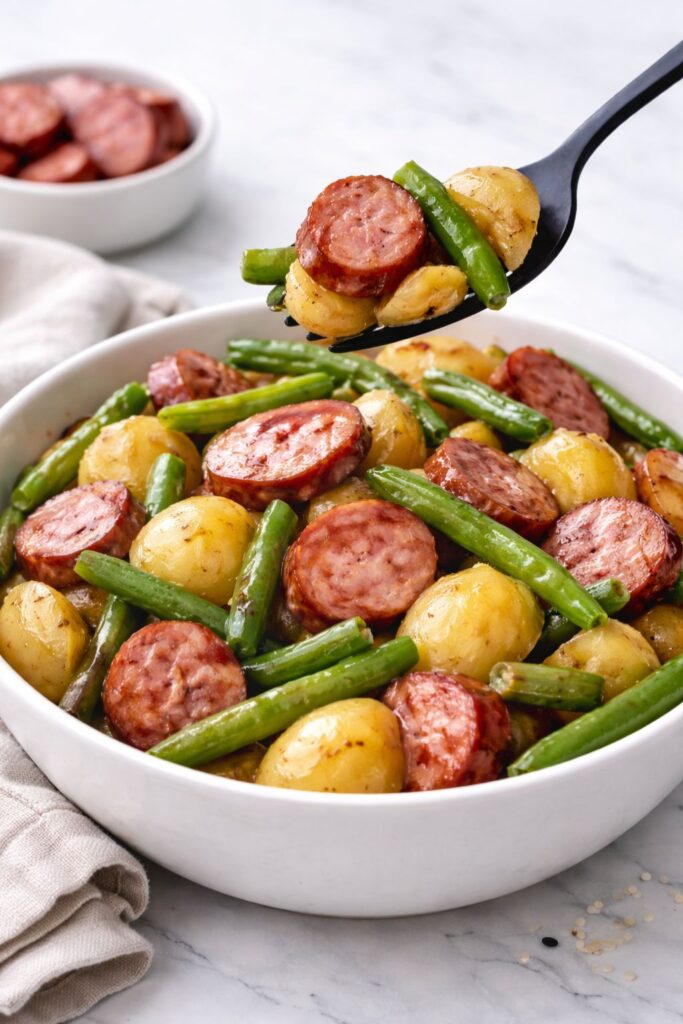 One Pot Smoked Sausage, Green Beans, and Potatoes