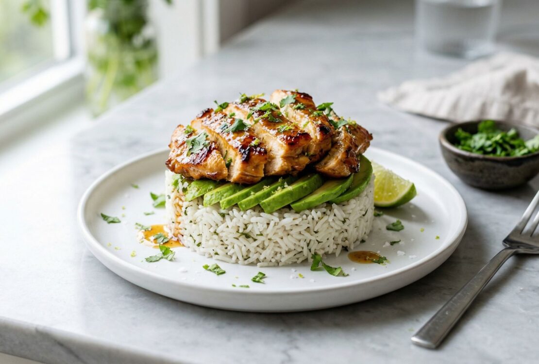 Honey Lime Chicken Avocado Rice Stack Recipe